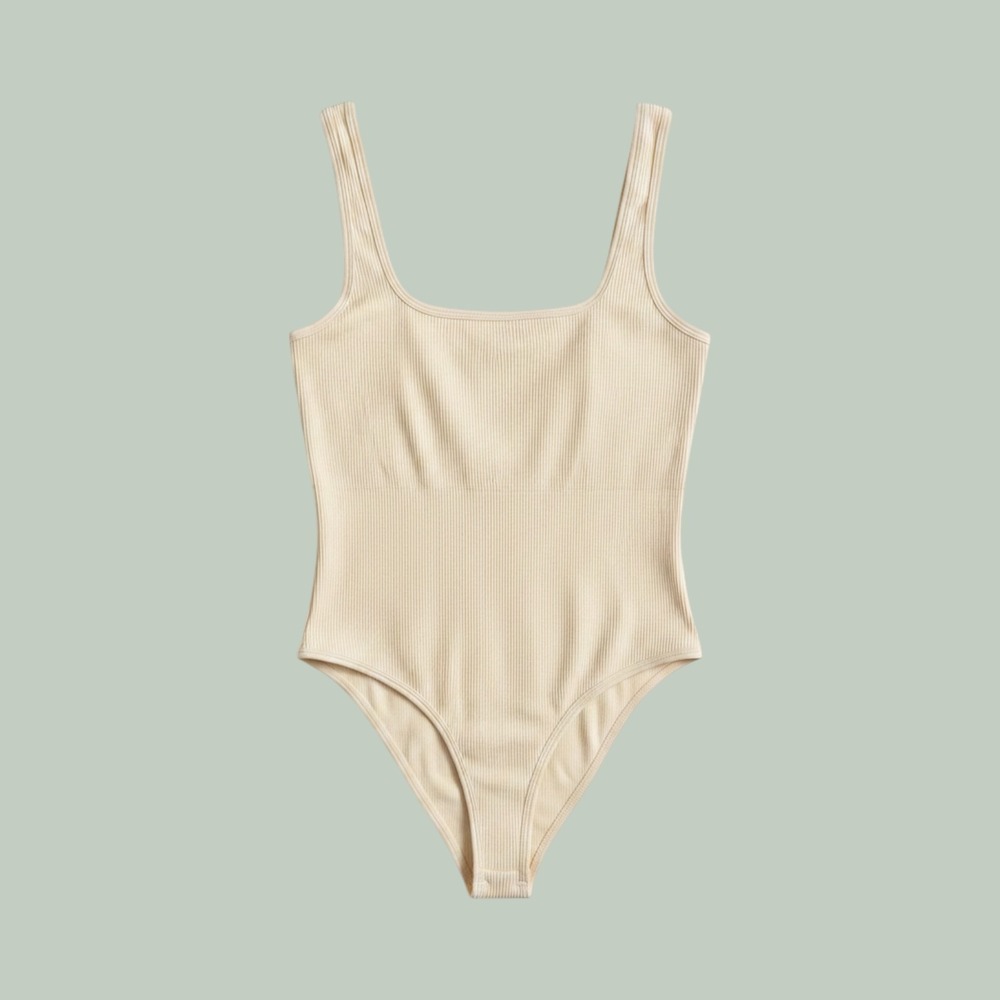 QQQ Womens Ribbed Square Neck Bodysuit Cream Beige Sleeveless XXL